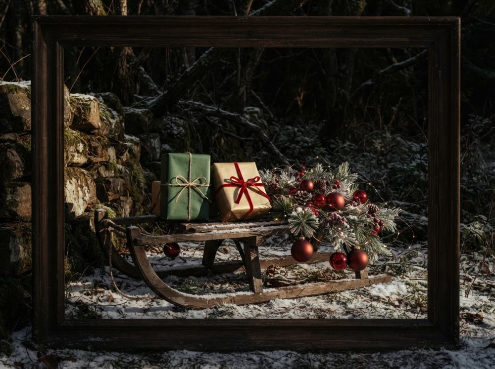 Trenó de madeira com neve decorado com presentes e enfeites natalícios num ambiente florestal