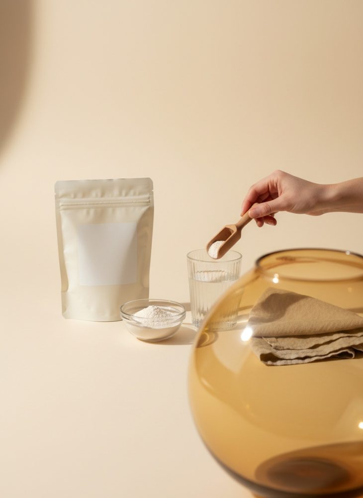 Mão com colher de madeira a medir suplemento em pó junto a saco branco e copo com água em fundo bege