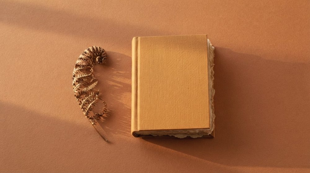 Livro com capa texturada e folha seca enrolada sobre fundo castanho claro
