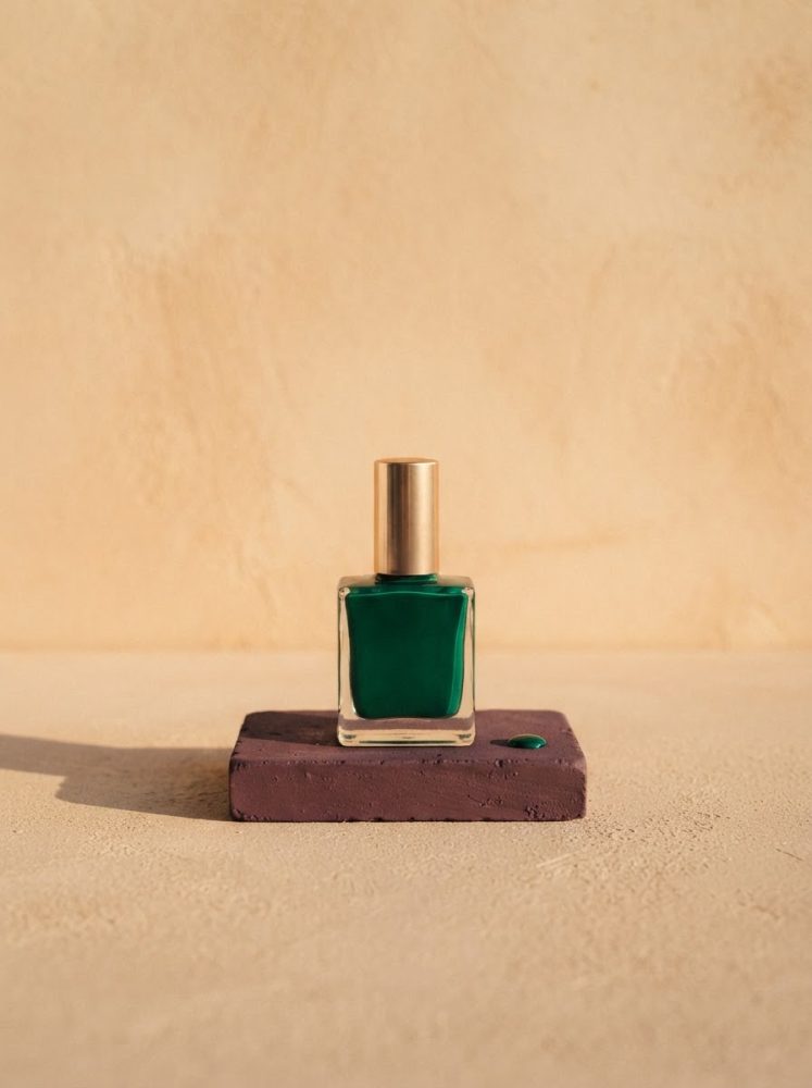 Frasco quadrado de esmalte verde sobre base roxa sobre fundo bege