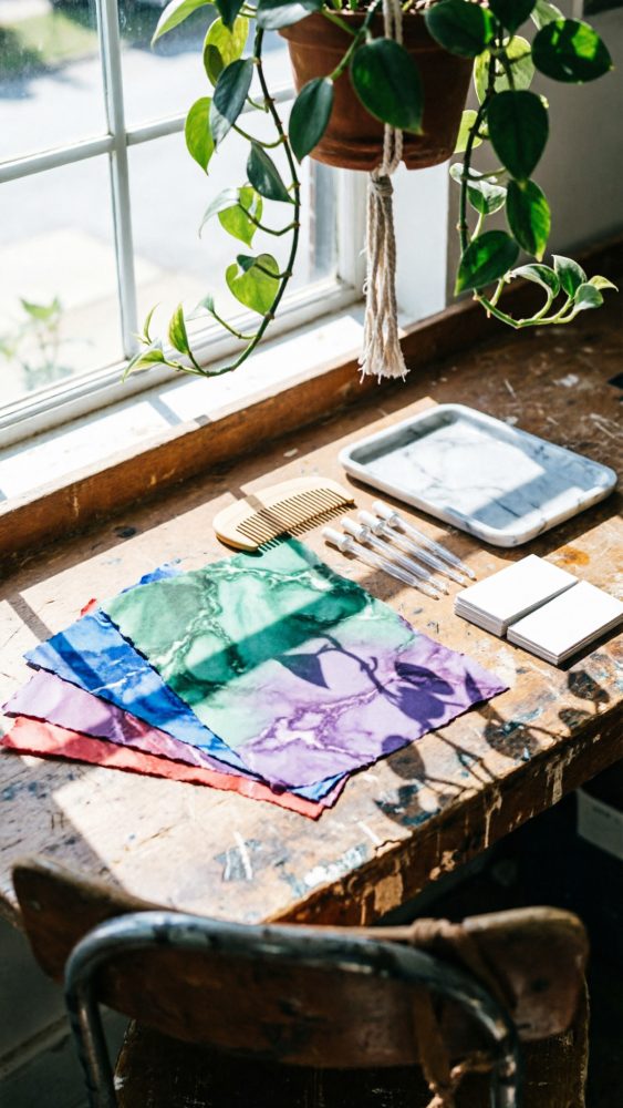 Folhas de papel marmoreado e ferramentas de arte sobre mesa rústica perto de janela com planta pendente