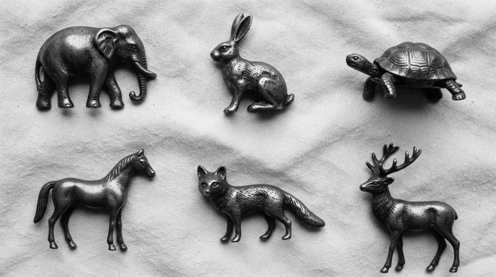 Seis miniaturas metálicas de animais sobre tecido branco: elefante, coelho, tartaruga, cavalo, raposa e cervo