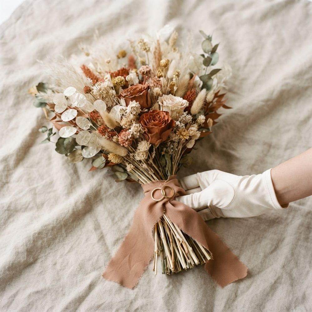 Bouquet de flores secas com fita rosa e duas alianças douradas numa mão com luva branca