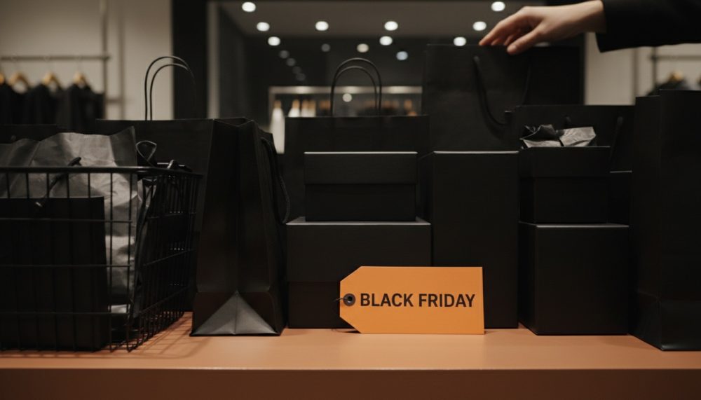 Sacolas e caixas pretas com etiqueta laranja Black Friday numa mesa de loja moderna