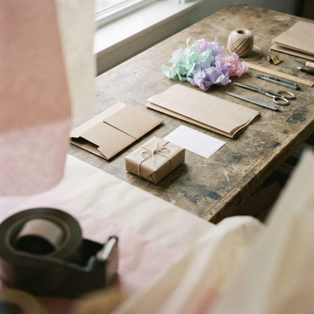 Mesa com materiais de embalagem ecológicos, fita, cordão, envelopes e tesoura organizados