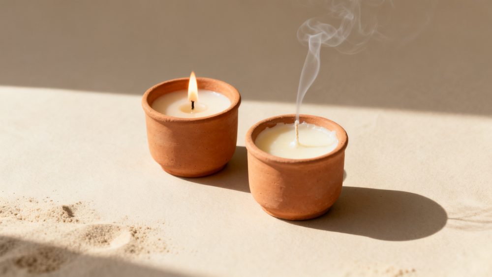 Duas velas em recipientes de barro, uma acesa com chama e outra apagada com fumo a subir