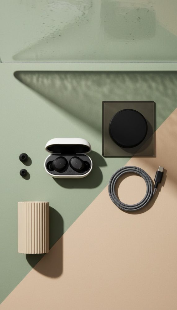 Auriculares sem fios com carregador wireless, cabo USB-C e estojo sobre fundo geométrico verde e bege