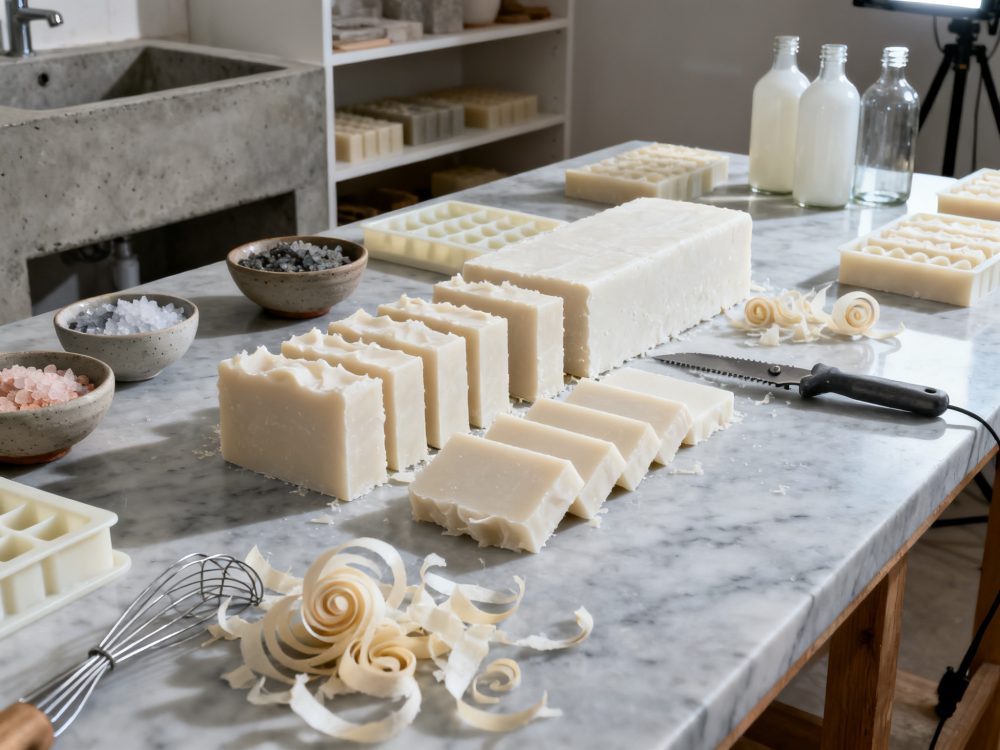 Sabonetes artesanais brancos cortados e organizados numa bancada de mármore com utensílios e sais de banho.