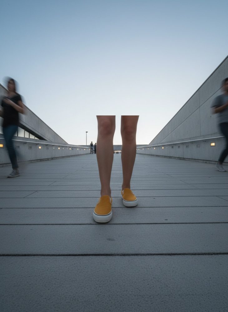Pernas com sapatos amarelos desportivos a caminhar num passadiço urbano ao entardecer