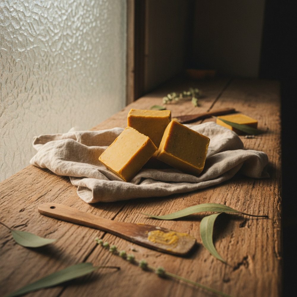 Três sabonetes amarelos naturais sobre tecido claro numa mesa de madeira rústica com folhas verdes
