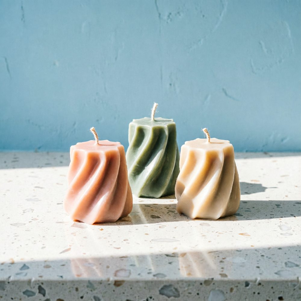 Três velas espiraladas em tons rosa, verde e bege sobre superfície clara com luz natural