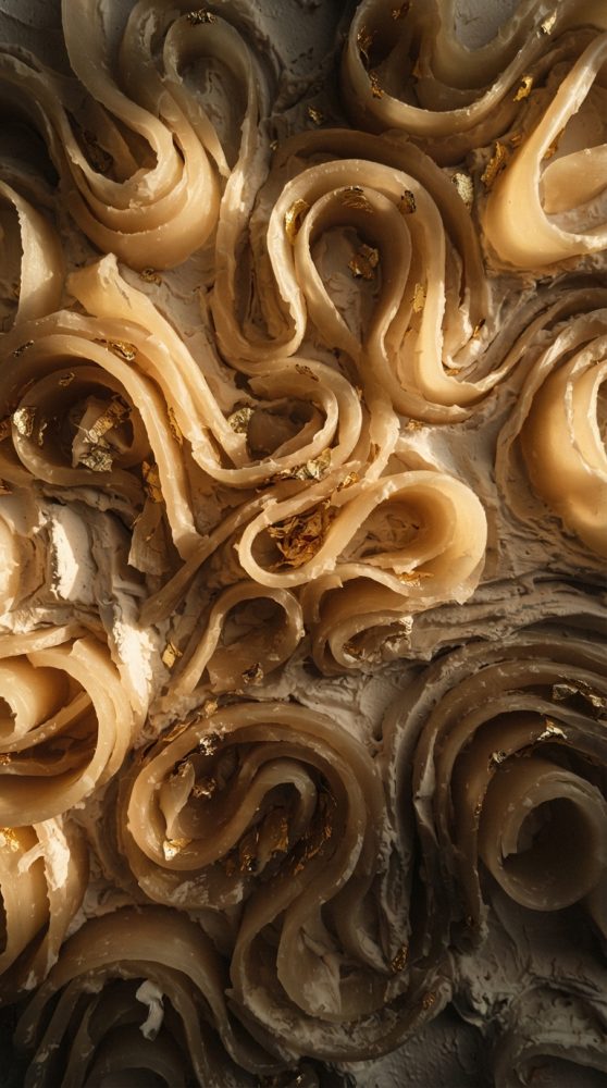 Detalhe de formas abstratas ondulantes em tons bege com pequenos brilhos dourados