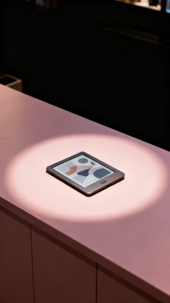 Leitor digital com ecrã abstrato sobre mesa rosa iluminada