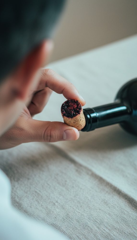 Mão segurando rolha manchada de vinho junto a garrafa de vinho tinto sobre tecido claro