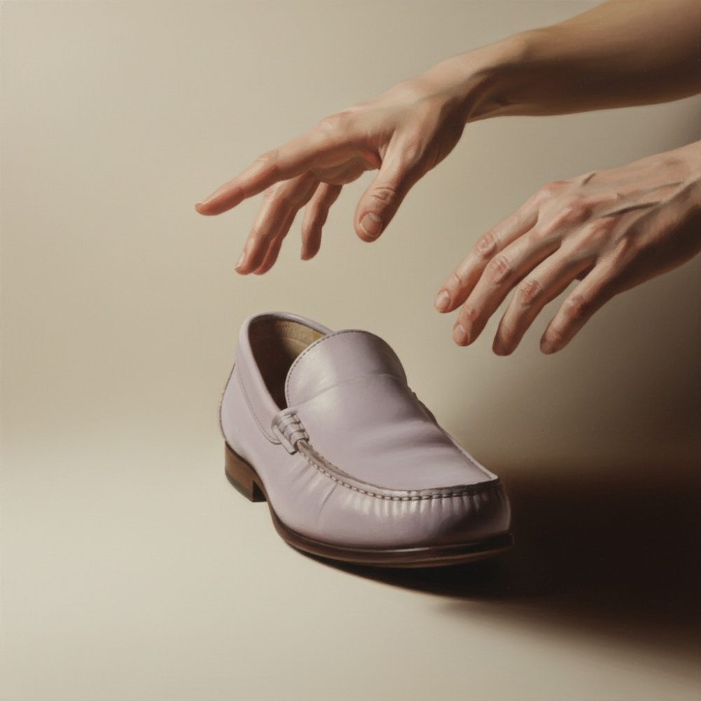 Sapato mocassin branco com duas mãos acima em fundo bege neutro