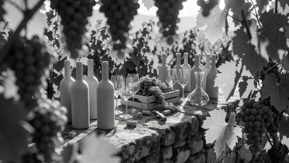 Garrafas de vinho, copos e cachos de uvas numa parede de pedra em vinhas iluminadas pela luz natural