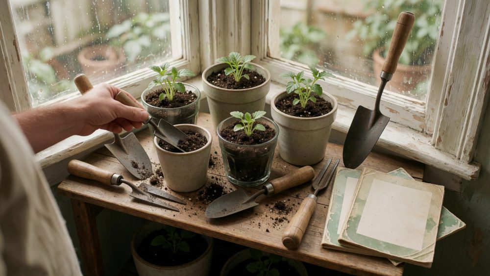 Mãos a plantar mudas em vasos junto a ferramentas de jardinagem na janela com luz natural