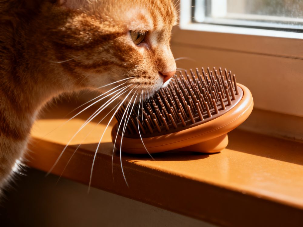 Gato ruivo a cheirar escova de massagem para gatos numa janela iluminada pelo sol