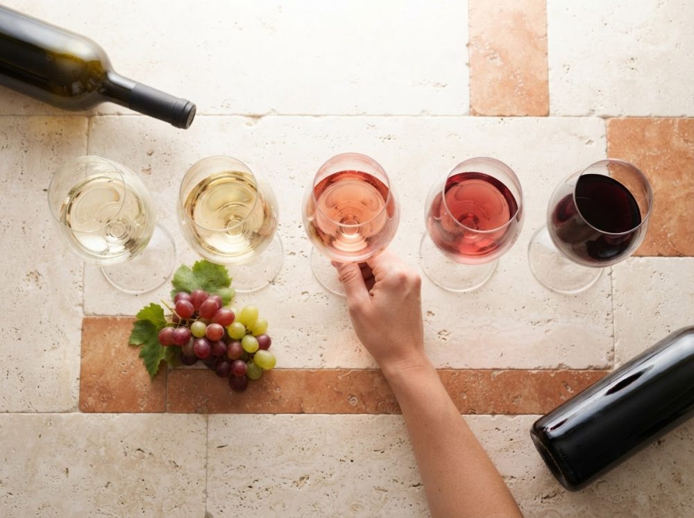 Cinco copos de vinho de branco a tinto com cachos de uvas e duas garrafas sobre piedras claras