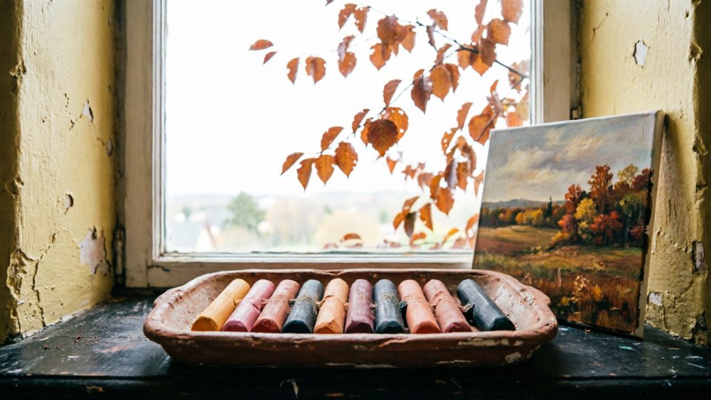 Pastéis de óleo numa bandeja com pintura de paisagem e folhas secas fora da janela antiga