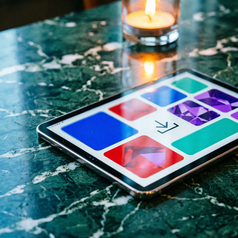 Tablet digital com ecrã colorido sobre mesa verde de mármore ao lado de vela acesa