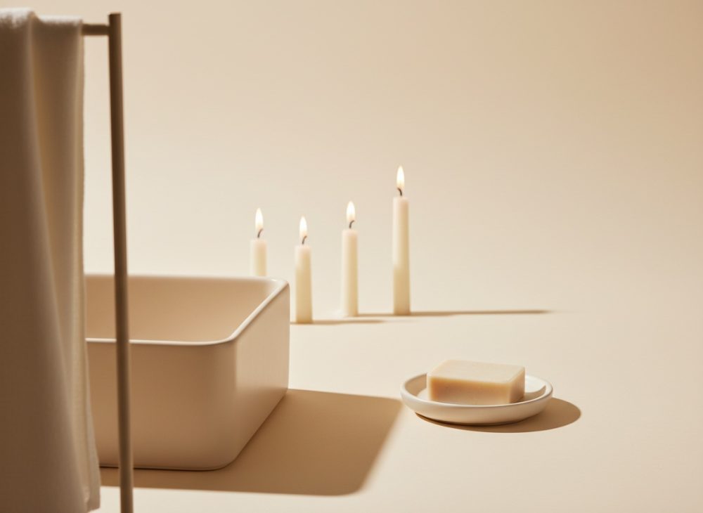 Saboneteira branca com barra de sabão e quatro velas acesas em fundo bege minimalista