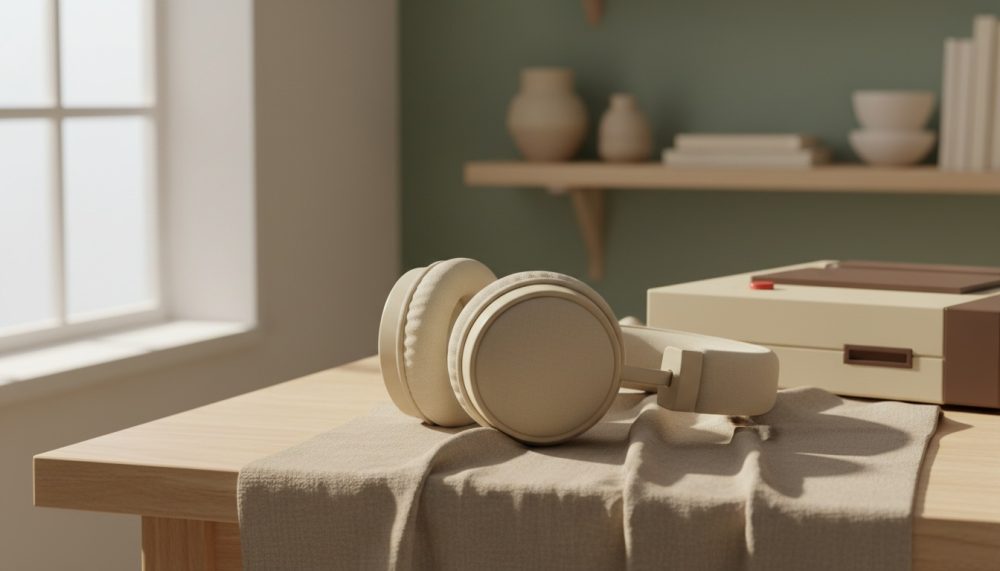 Headphones gaming sem fios bege sobre mesa de madeira clara com tecido cinza ao lado de equipamento retro