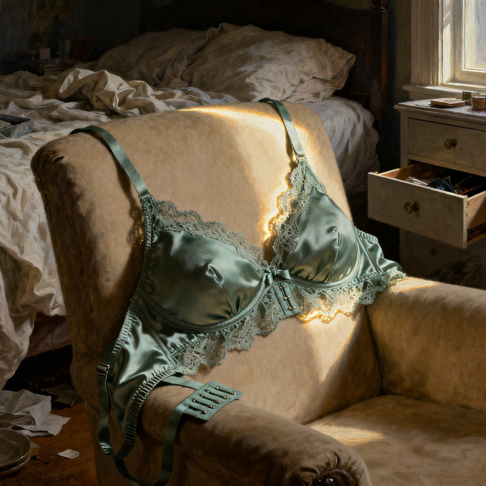 Soutien verde de cetim com renda colocado numa poltrona ao lado de uma cama e cómoda