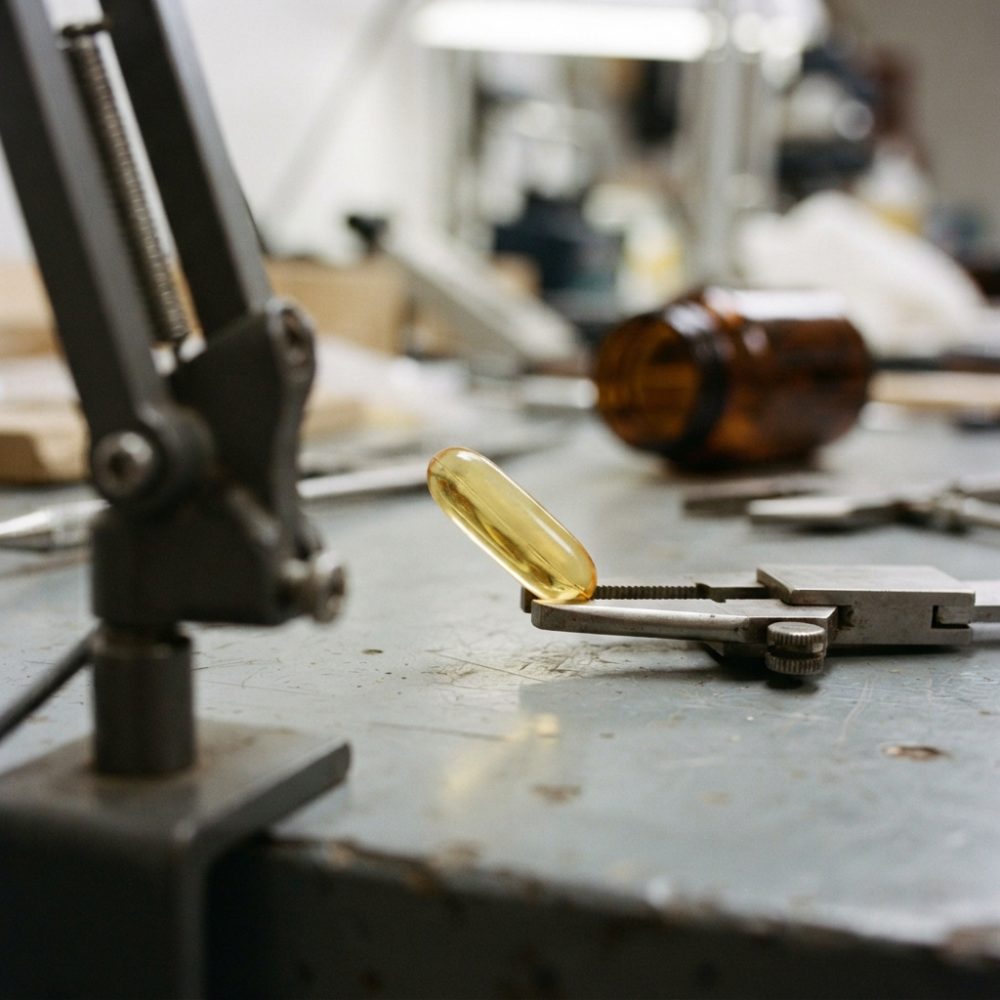 Cápsula amarela translúcida sobre paquímetro metálico numa mesa de laboratório industrial