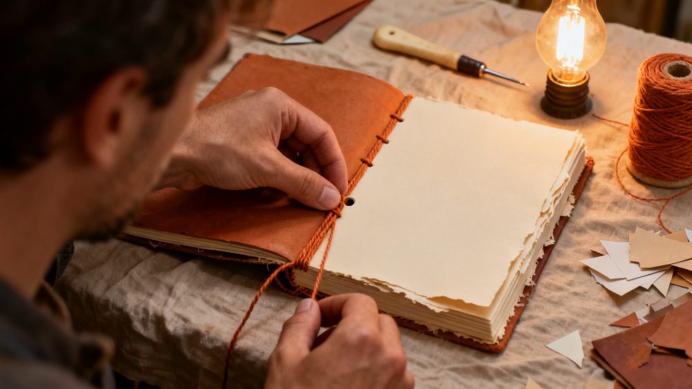 Pessoa a costurar manualmente caderno artesanal com capa de couro e folhas envelhecidas numa mesa com luz quente