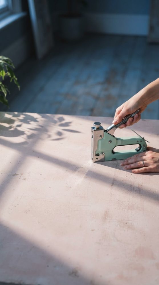 Mãos a usar pistola de grampos para fixar material numa mesa de madeira interior