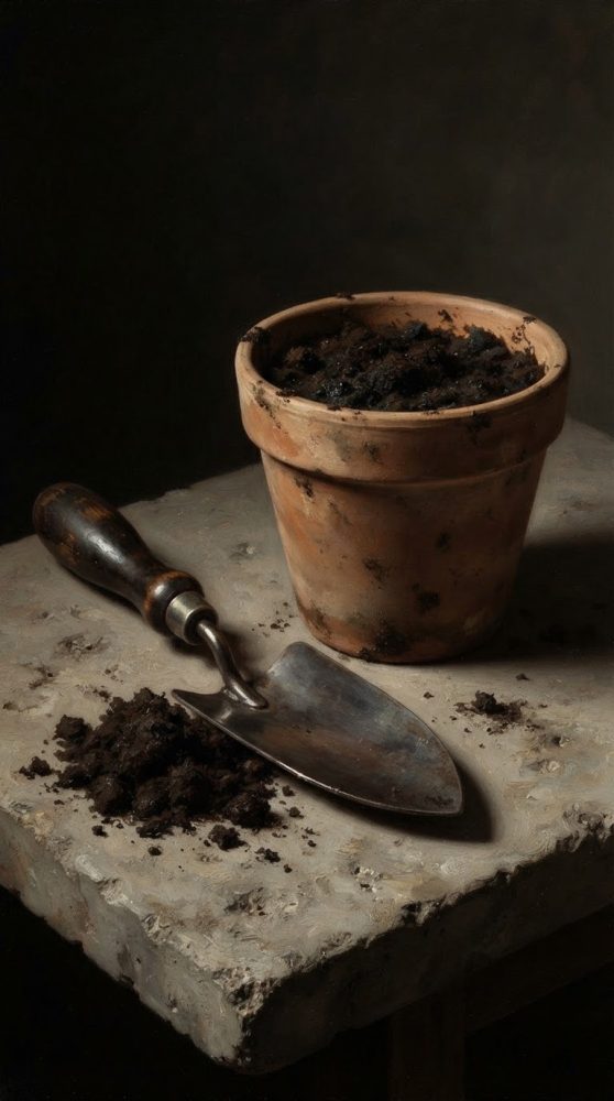 Vaso de barro com terra e pequena colher de jardinagem sobre mesa rústica