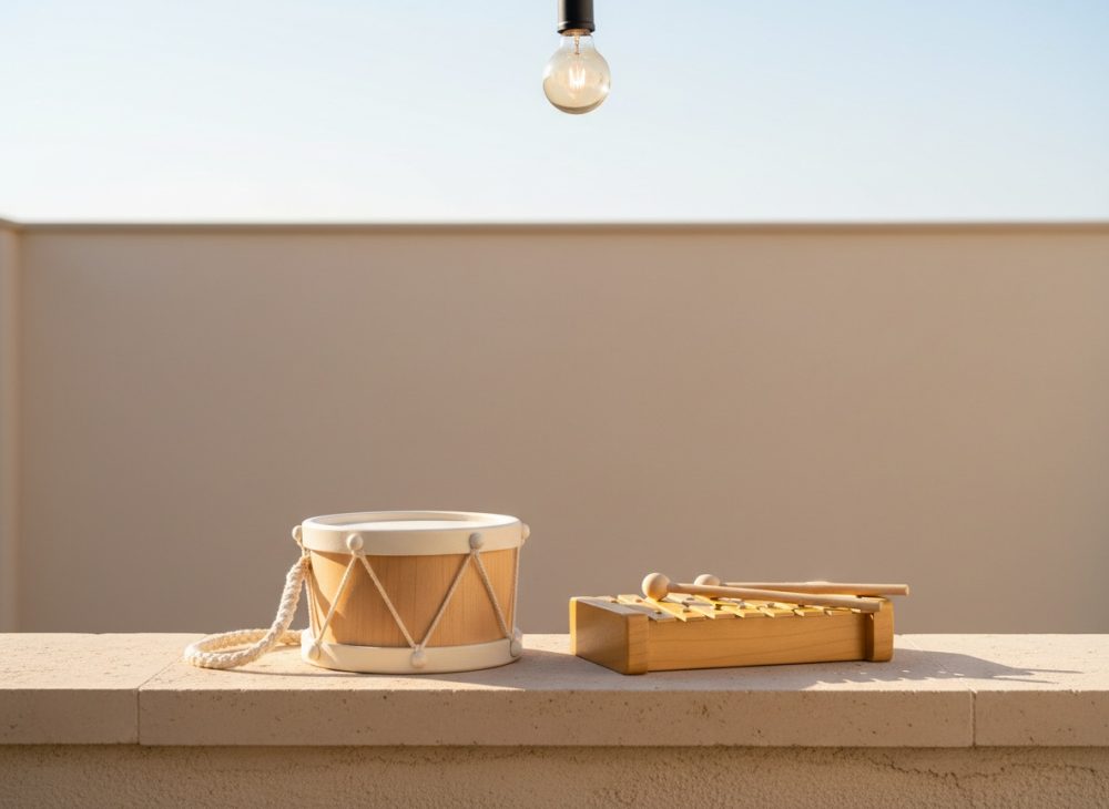 Brinquedos musicais em madeira: tambor e xilofone ao ar livre com luz natural