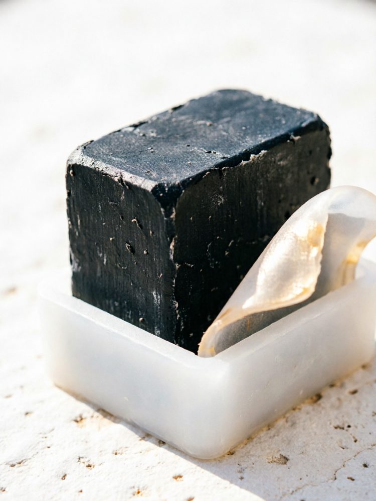 Sabonete preto artesanal numa saboneteira branca translúcida com concha decorativa
