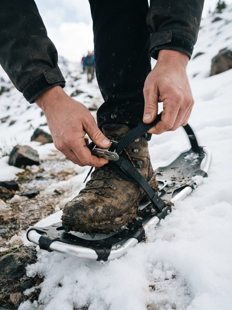 Pessoa ajusta raquete de neve em bota de trekking suja numa paisagem montanhosa nevada