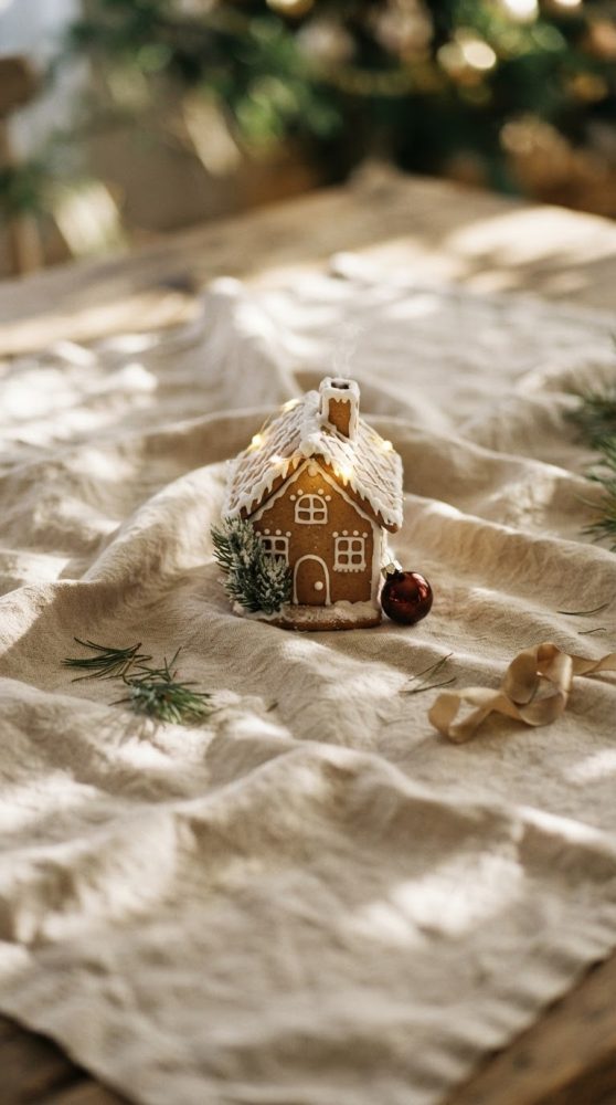 Casinha de gengibre decorada com neve falsa sobre tecido bege com enfeites de pinho e bola vermelha natalícia