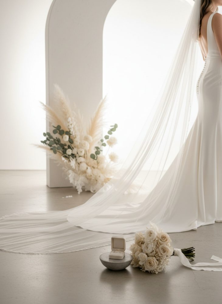 Noiva com vestido branco e véu longo junto a ramo de flores brancas e caixa aberta de anel