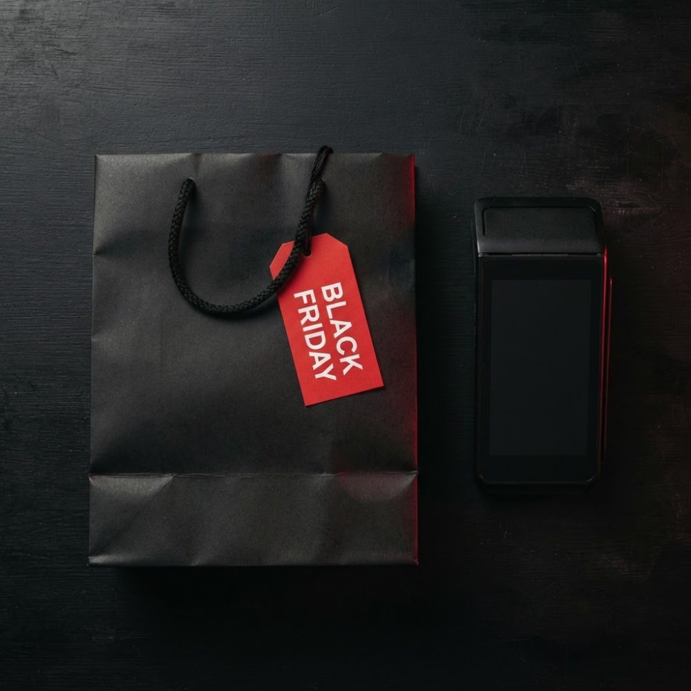 Saco preto com etiqueta vermelha Black Friday e terminal de pagamento junto a fundo escuro