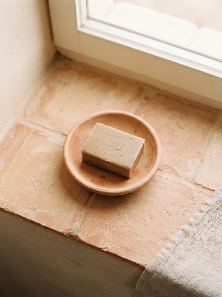 Sabonete sólido com gotas de água num prato de cerâmica no peitoril de uma janela