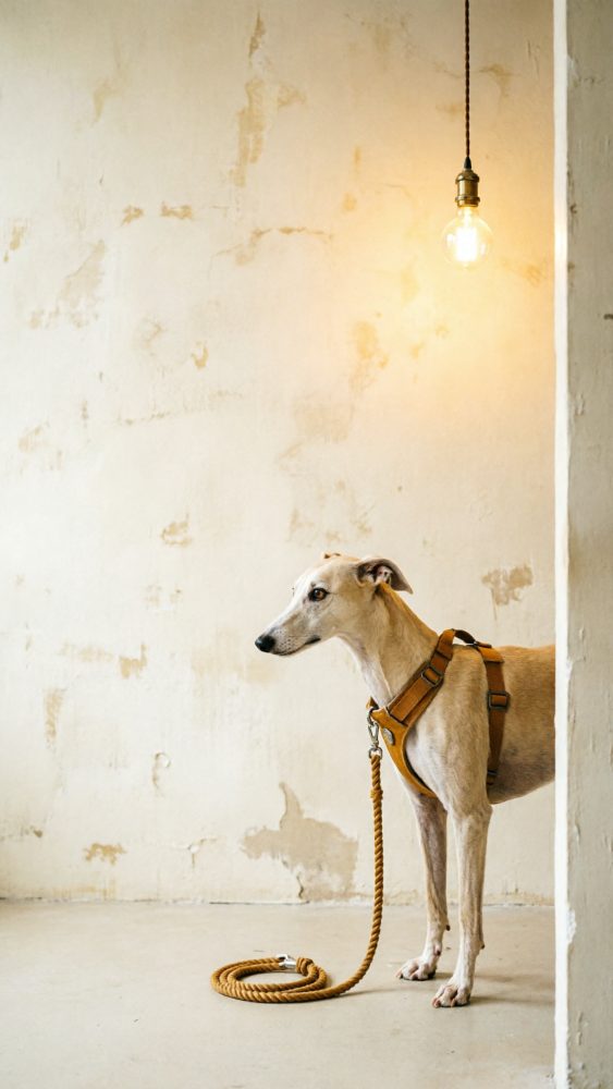 Cão com arnês e trela castanhos contra parede bege texturada iluminada por lâmpada suspensa