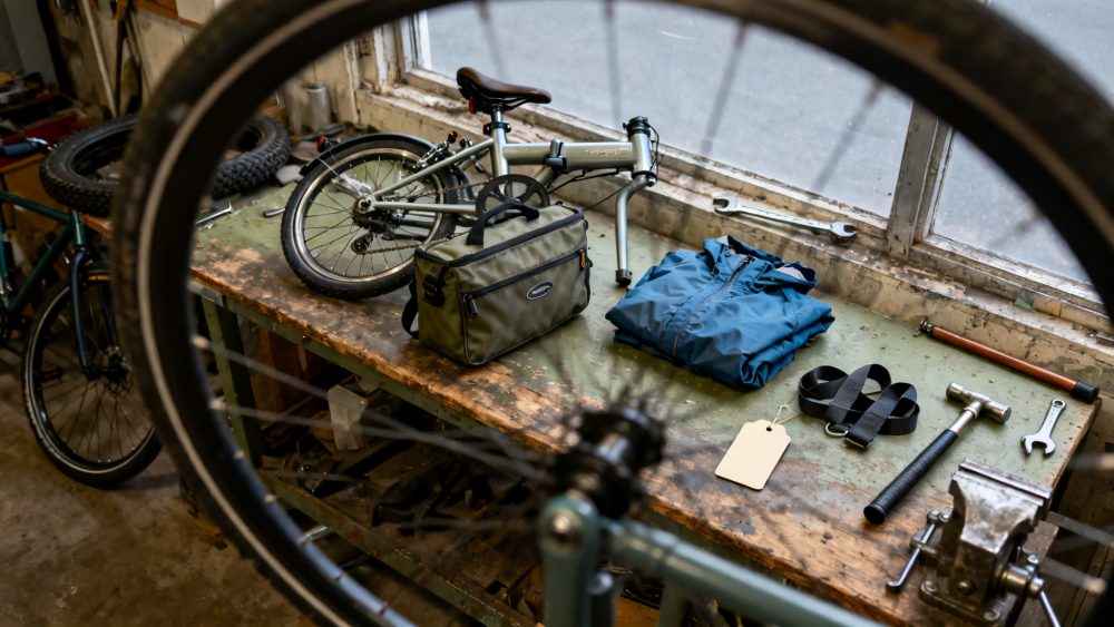 Bicicleta dobrável, mala de viagem, casaco azul e ferramentas numa bancada de oficina