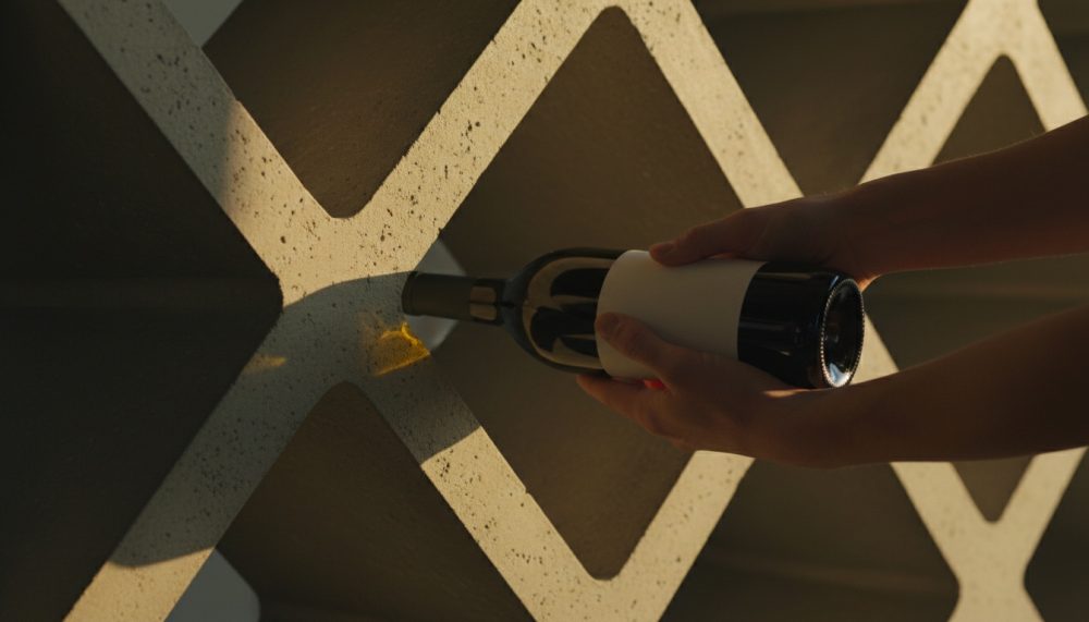 Mãos a guardar garrafa de vinho em adega de losangos com luz suave