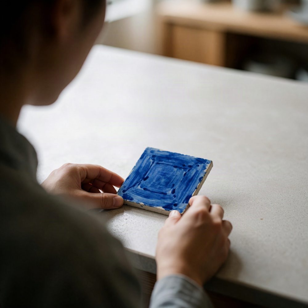 Pessoa segura azulejo decorativo quadrado pintado à mão em azul sobre mesa clara