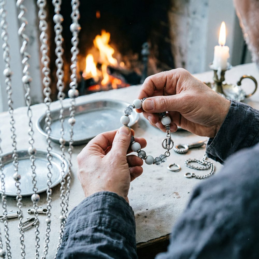 Mãos seguram pulseira de contas brancas e cinzentas em mesa com joias de prata e lareira acesa ao fundo