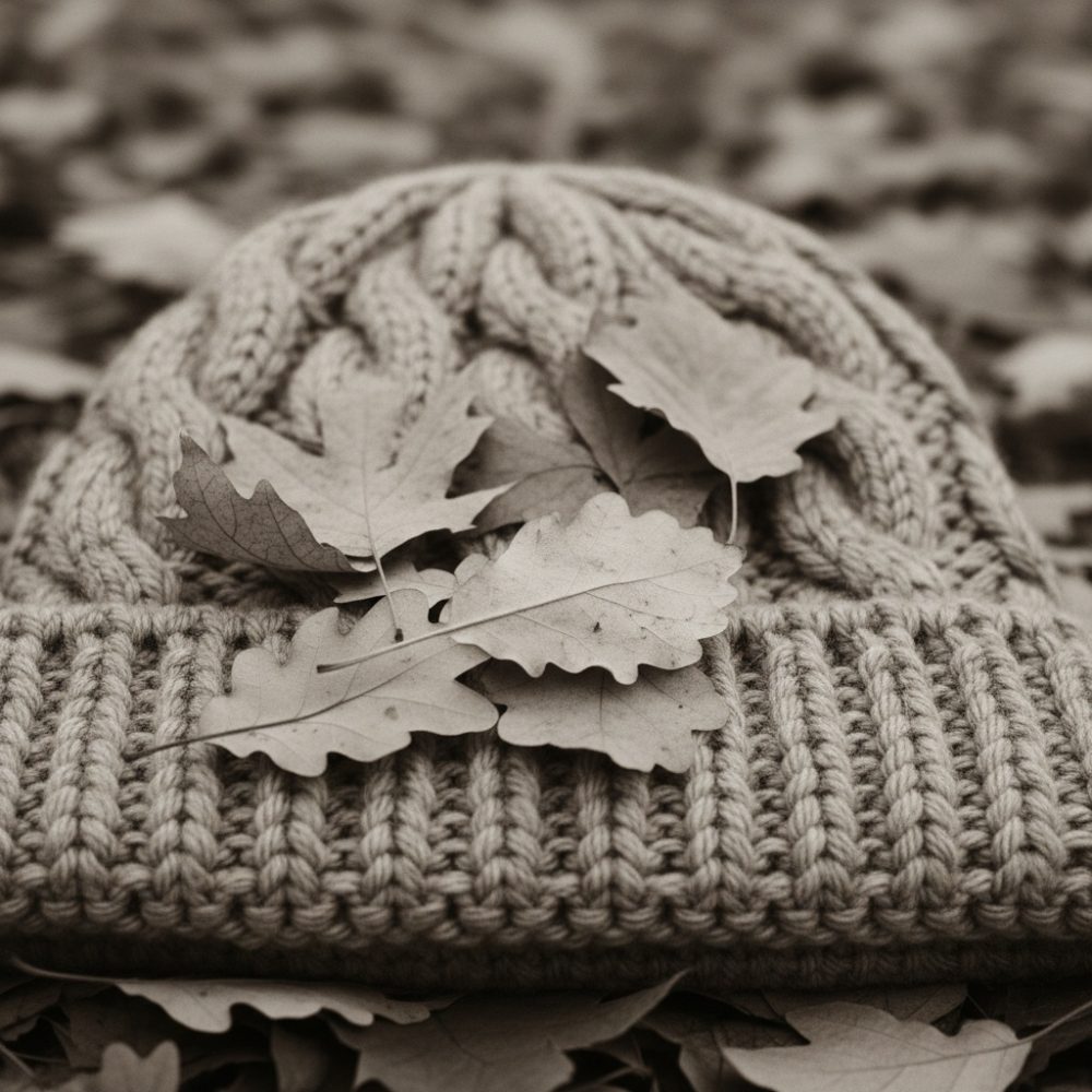 Gorro de malha com padrão trançado coberto por folhas secas de outono