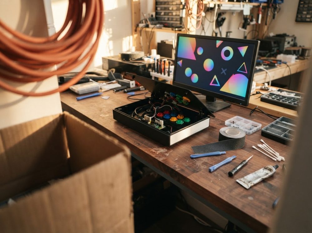 Mesa de oficina com joystick arcade aberto, monitor colorido e ferramentas variadas