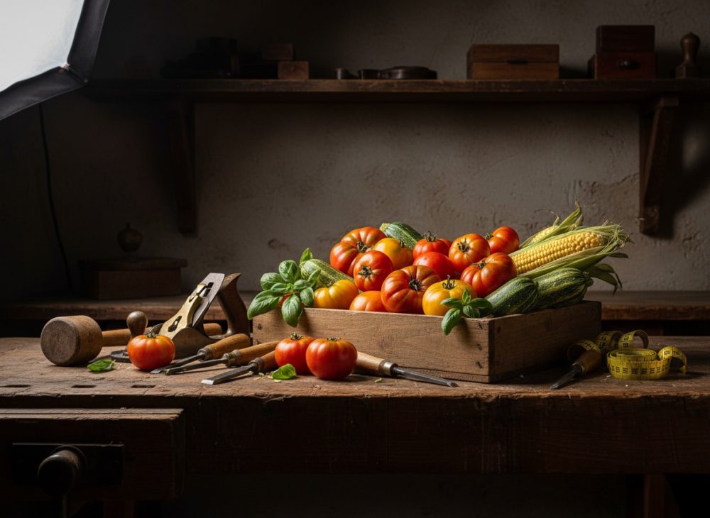 Caixa de madeira com tomates, curgetes e milho numa bancada de madeira rústica com ferramentas.