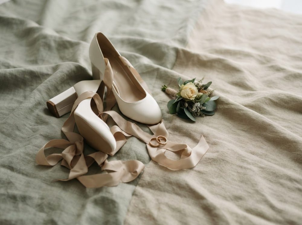 Sapatos de noiva brancos com fitas bege, dois anéis dourados e pequeno bouquet floral sobre tecido bege