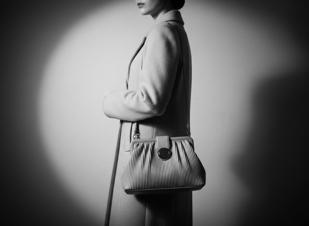Mulher com casaco comprido e bolsa elegante em preto e branco vista de perfil
