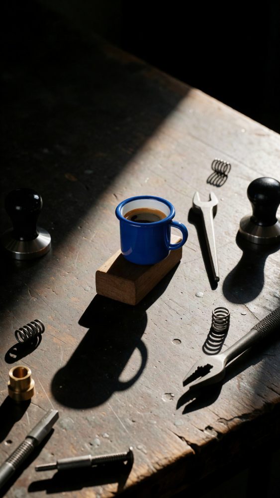 Chávena azul com café expresso numa mesa de madeira com ferramentas e molas ao redor em luz natural